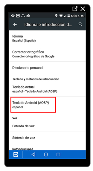 Opción Teclado de Android